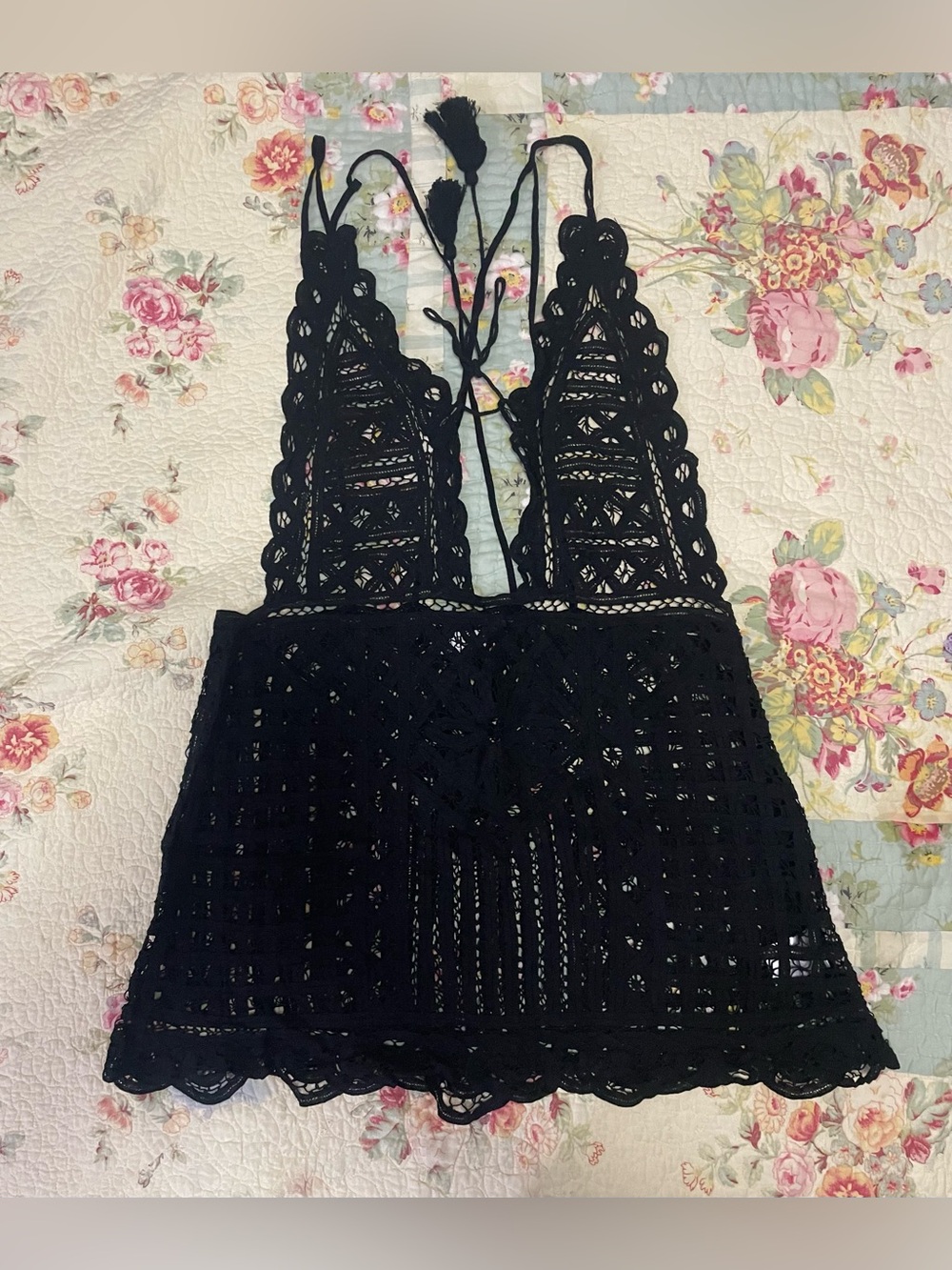 Tobi Black Crochet Top with Pink & Cream Floral Lining